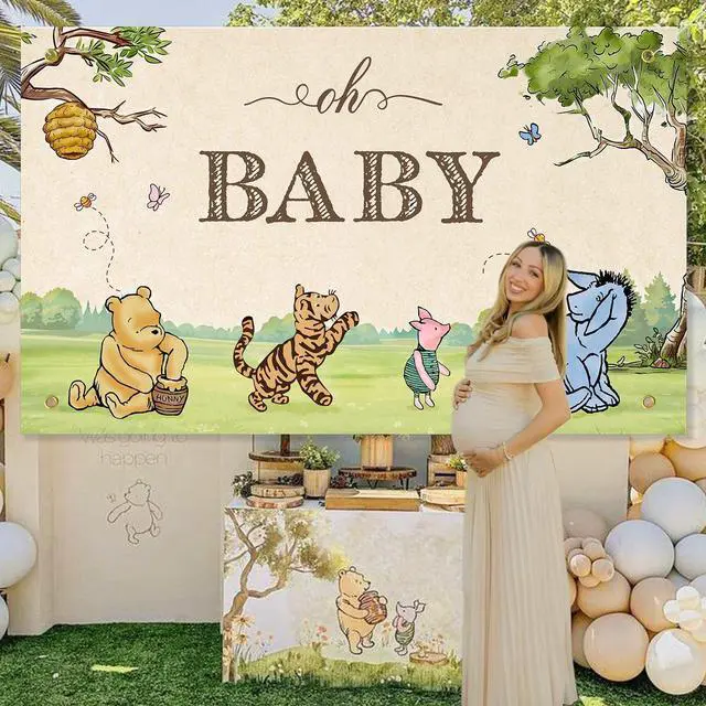 Main image of Neutral Classic Winnie Bear Baby Shower Decorations Backdrop 5x3Ft | Vintage Pooh Bear Oh Baby Banner for Boys Girls Gender Reveal Photo Backdrop Winnie Nursey Wall Decor