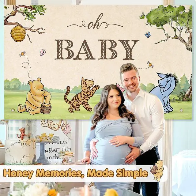 Alt view image 2 of 7 - Neutral Classic Winnie Bear Baby Shower Decorations Backdrop 5x3Ft | Vintage Pooh Bear Oh Baby Banner for Boys Girls Gender Reveal Photo Backdrop Winnie Nursey Wall Decor