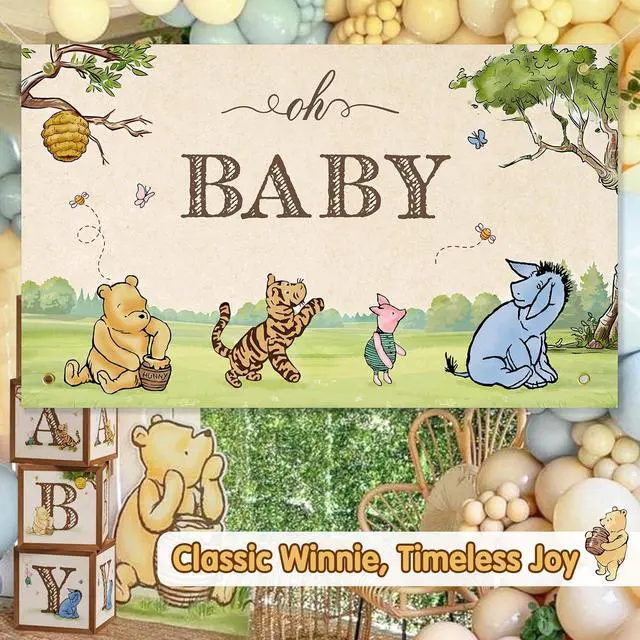 Alt view image 3 of 7 - Neutral Classic Winnie Bear Baby Shower Decorations Backdrop 5x3Ft | Vintage Pooh Bear Oh Baby Banner for Boys Girls Gender Reveal Photo Backdrop Winnie Nursey Wall Decor