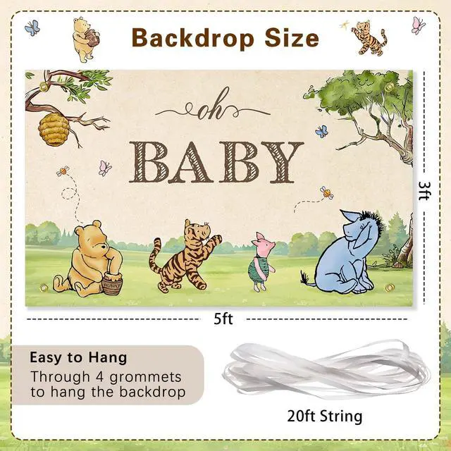 Alt view image 4 of 7 - Neutral Classic Winnie Bear Baby Shower Decorations Backdrop 5x3Ft | Vintage Pooh Bear Oh Baby Banner for Boys Girls Gender Reveal Photo Backdrop Winnie Nursey Wall Decor