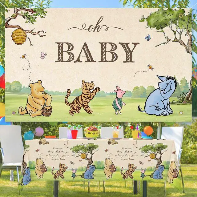 Alt view image 6 of 7 - Neutral Classic Winnie Bear Baby Shower Decorations Backdrop 5x3Ft | Vintage Pooh Bear Oh Baby Banner for Boys Girls Gender Reveal Photo Backdrop Winnie Nursey Wall Decor