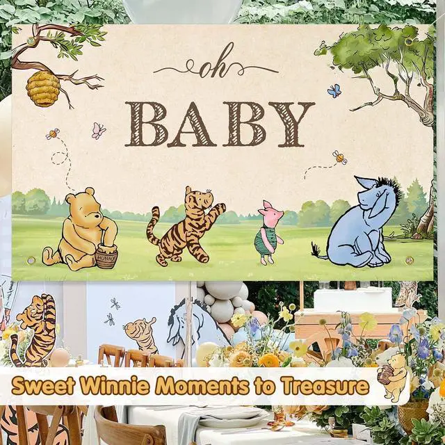 Alt view image 7 of 7 - Neutral Classic Winnie Bear Baby Shower Decorations Backdrop 5x3Ft | Vintage Pooh Bear Oh Baby Banner for Boys Girls Gender Reveal Photo Backdrop Winnie Nursey Wall Decor