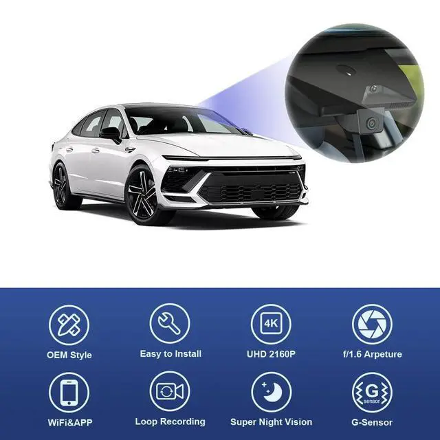 Alt view image 4 of 6 - 4K Dash Cam Suitable for Hyundai Sonata 2024 2025 & Hybrid (Part No#L1600), OEM Factory Look, 2160P UHD Video, Built-in WiFi & APP, Loop Recording, Gravity Sensor, Plug & Play, 64GB Card