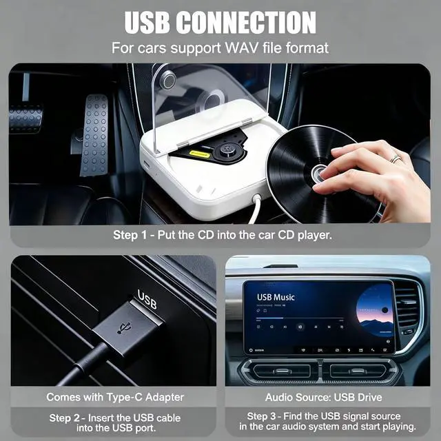 Alt view image 4 of 7 - CD Player for Car, External Portable Car CD Players with USB/AUX Port, Universal USB CD Player for Vehicle, Laptop, TV, Computer, for Android 4.4 and Above Navigation