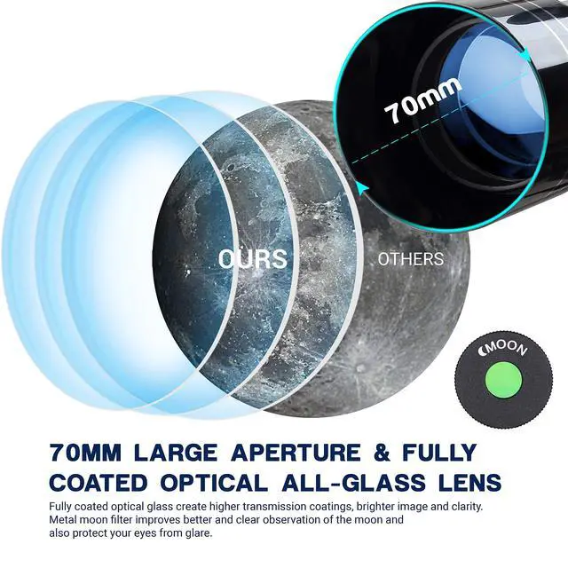 Alt view image 3 of 7 - Telescope for Adults, 70mm Aperture Refractor Telescopes (15X-180X) for Astronomy Beginners, Portable Travel Telescope with Phone Adapter & Adjustable Tripod