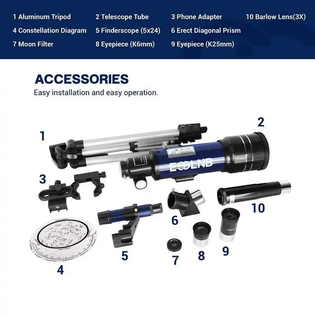 Alt view image 6 of 7 - Telescope for Adults, 70mm Aperture Refractor Telescopes (15X-180X) for Astronomy Beginners, Portable Travel Telescope with Phone Adapter & Adjustable Tripod