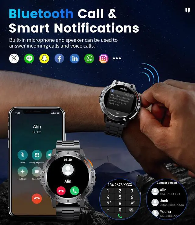Alt view image 4 of 7 - 1.43" AMOLED Smart Watch for Men with Flashlight, Bluetooth Calling, 100+ Sport Modes, 530mAh, IP68 Waterproof Fitness Tracker for Workout, iOS Android Compatible, Black Steel Camouflage Silicone