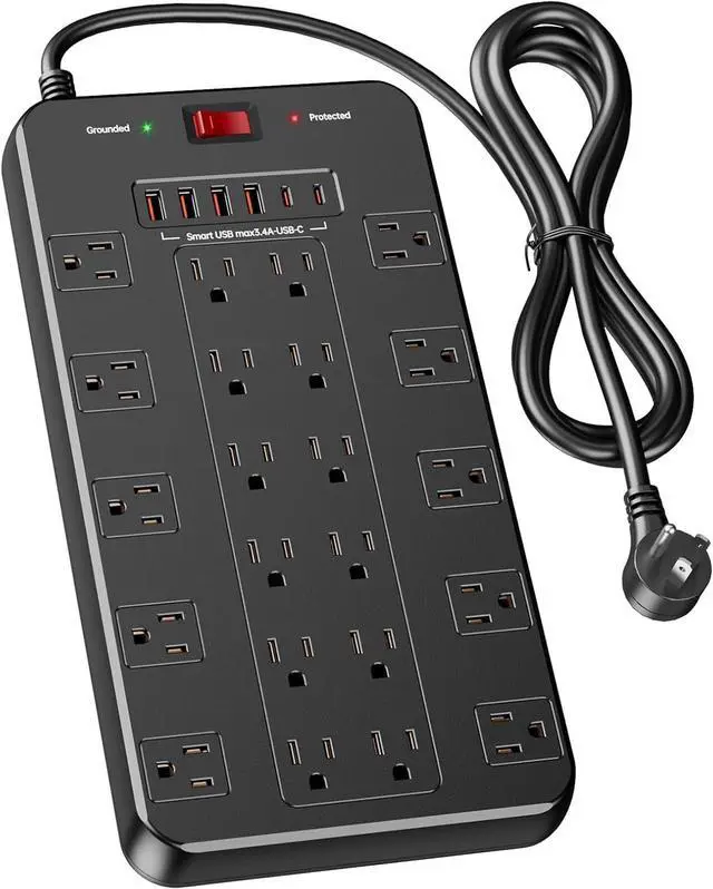 Main image of Surge Protector Power Strip 10 FT Cord with 22 Outlets 6 USB Ports(2 USB C), 1875W/15A, 10 FT Flat Plug 3 Prong Extension Cord with Multiple Outlets for Home Office, Dorm, Gaming, Black