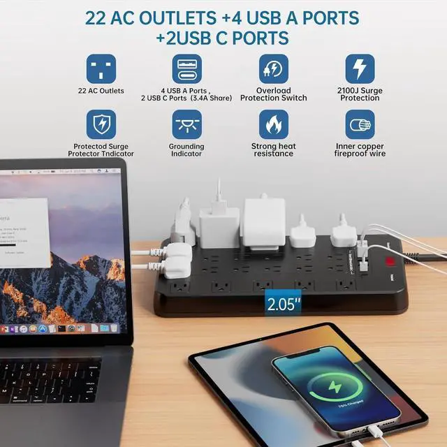 Alt view image 2 of 7 - Surge Protector Power Strip 10 FT Cord with 22 Outlets 6 USB Ports(2 USB C), 1875W/15A, 10 FT Flat Plug 3 Prong Extension Cord with Multiple Outlets for Home Office, Dorm, Gaming, Black