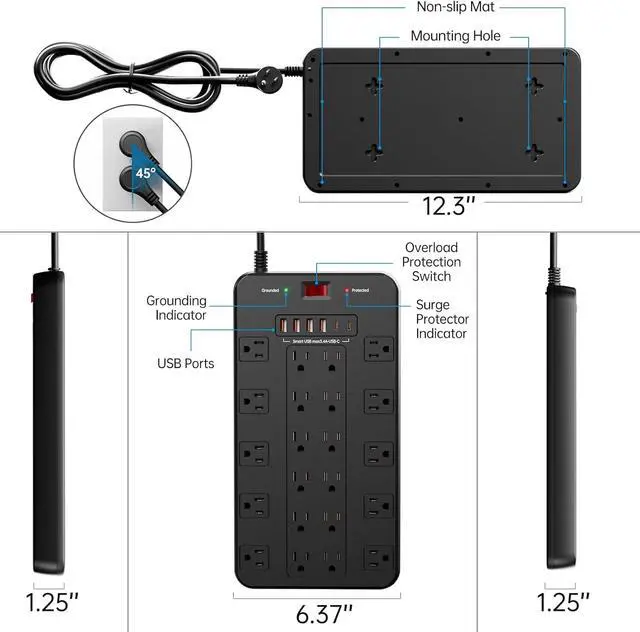 Alt view image 7 of 7 - Surge Protector Power Strip 10 FT Cord with 22 Outlets 6 USB Ports(2 USB C), 1875W/15A, 10 FT Flat Plug 3 Prong Extension Cord with Multiple Outlets for Home Office, Dorm, Gaming, Black
