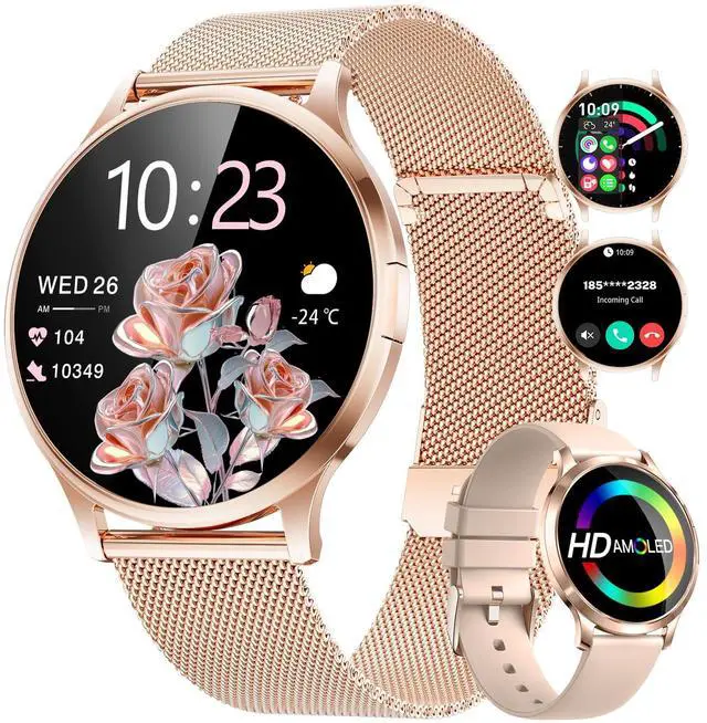 Main image of Thin Smart Watch for Women, 1.32" AMOLED Ladies Smart Watches, 100+ Sports Mode Fitness Tracker, IP68 Waterproof Watches with Bluetooth Call/Sleep, Smartwatch for Android iOS, Rosegold#1