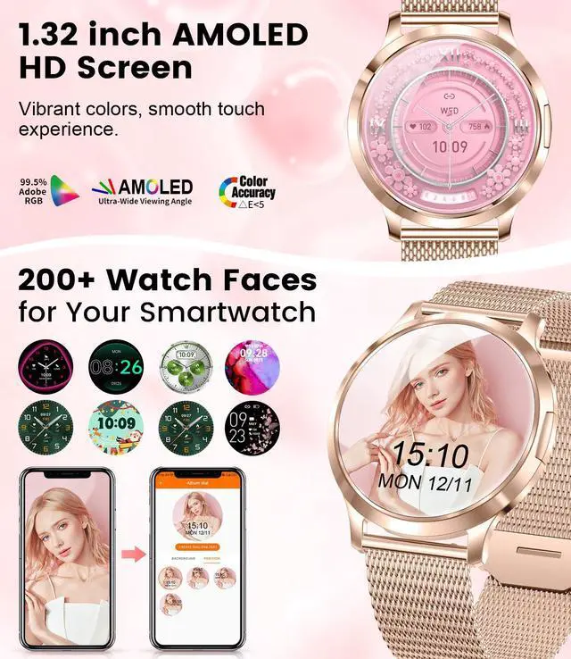 Alt view image 2 of 7 - Thin Smart Watch for Women, 1.32" AMOLED Ladies Smart Watches, 100+ Sports Mode Fitness Tracker, IP68 Waterproof Watches with Bluetooth Call/Sleep, Smartwatch for Android iOS, Rosegold#1