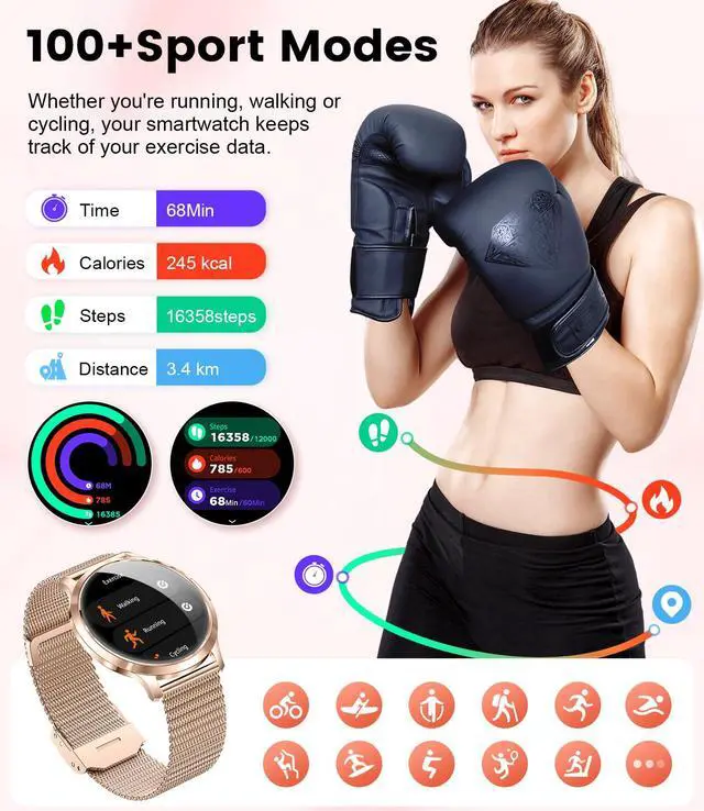 Alt view image 5 of 7 - Thin Smart Watch for Women, 1.32" AMOLED Ladies Smart Watches, 100+ Sports Mode Fitness Tracker, IP68 Waterproof Watches with Bluetooth Call/Sleep, Smartwatch for Android iOS, Rosegold#1