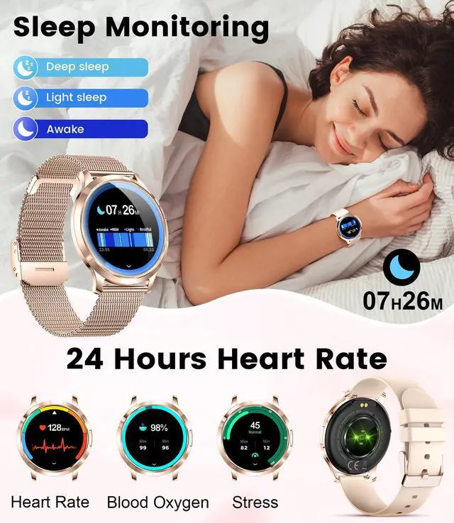 Alt view image 6 of 7 - Thin Smart Watch for Women, 1.32" AMOLED Ladies Smart Watches, 100+ Sports Mode Fitness Tracker, IP68 Waterproof Watches with Bluetooth Call/Sleep, Smartwatch for Android iOS, Rosegold#1