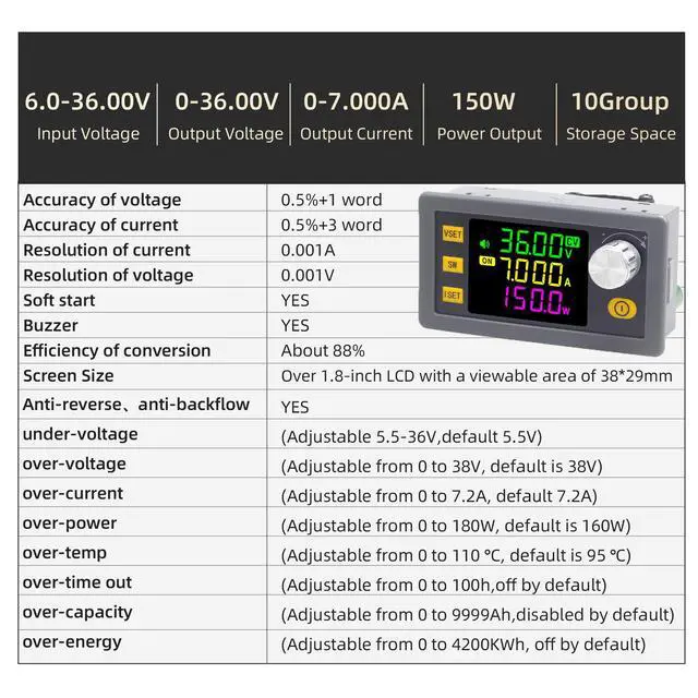Alt view image 5 of 6 - SK150 DC Buck Boost Power Converter 6-36V to 0-36V, 150W Voltage DC Adjustable Power Supply Module with Display