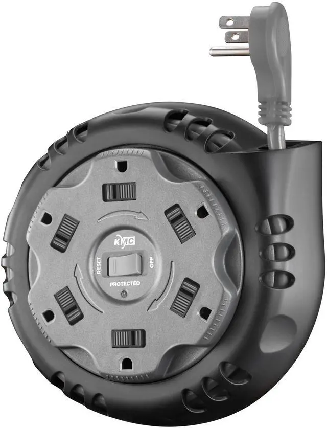Main image of 6-Outlet Surge Twist Cord Reel Retractable Power Strip Surge Protector, 1085J Surge Protection, 8ft 14/3 Retractable Extension Cord, 3-Prong Low-Profile Flat Plug, UL/ETL Certified, Gray