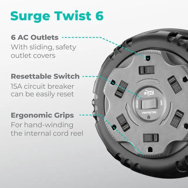 Alt view image 2 of 7 - 6-Outlet Surge Twist Cord Reel Retractable Power Strip Surge Protector, 1085J Surge Protection, 8ft 14/3 Retractable Extension Cord, 3-Prong Low-Profile Flat Plug, UL/ETL Certified, Gray