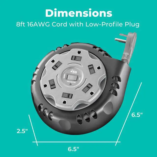 Alt view image 3 of 7 - 6-Outlet Surge Twist Cord Reel Retractable Power Strip Surge Protector, 1085J Surge Protection, 8ft 14/3 Retractable Extension Cord, 3-Prong Low-Profile Flat Plug, UL/ETL Certified, Gray