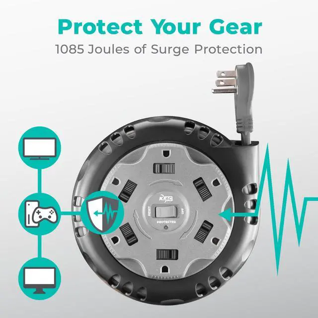 Alt view image 4 of 7 - 6-Outlet Surge Twist Cord Reel Retractable Power Strip Surge Protector, 1085J Surge Protection, 8ft 14/3 Retractable Extension Cord, 3-Prong Low-Profile Flat Plug, UL/ETL Certified, Gray
