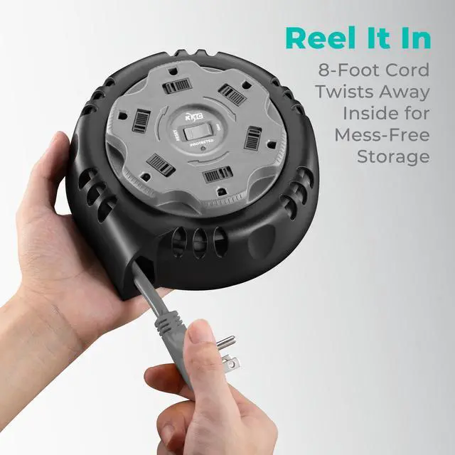 Alt view image 5 of 7 - 6-Outlet Surge Twist Cord Reel Retractable Power Strip Surge Protector, 1085J Surge Protection, 8ft 14/3 Retractable Extension Cord, 3-Prong Low-Profile Flat Plug, UL/ETL Certified, Gray