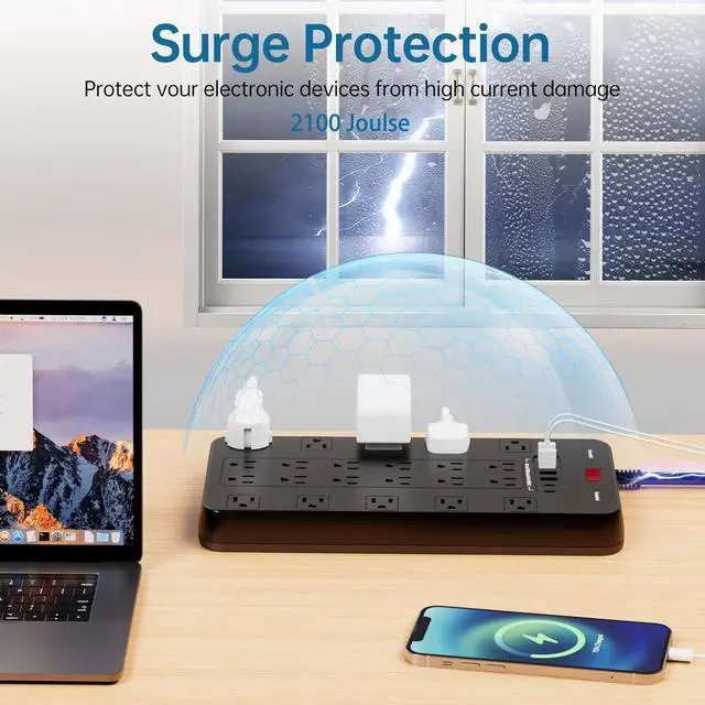 Alt view image 3 of 7 - Surge Protector Power Strip 10 FT Cord with 22 Outlets 6 USB Ports(2 USB C), 1875W/15A, 10 FT Flat Plug 3 Prong Extension Cord with Multiple Outlets for Home Office, Dorm, Gaming, Black