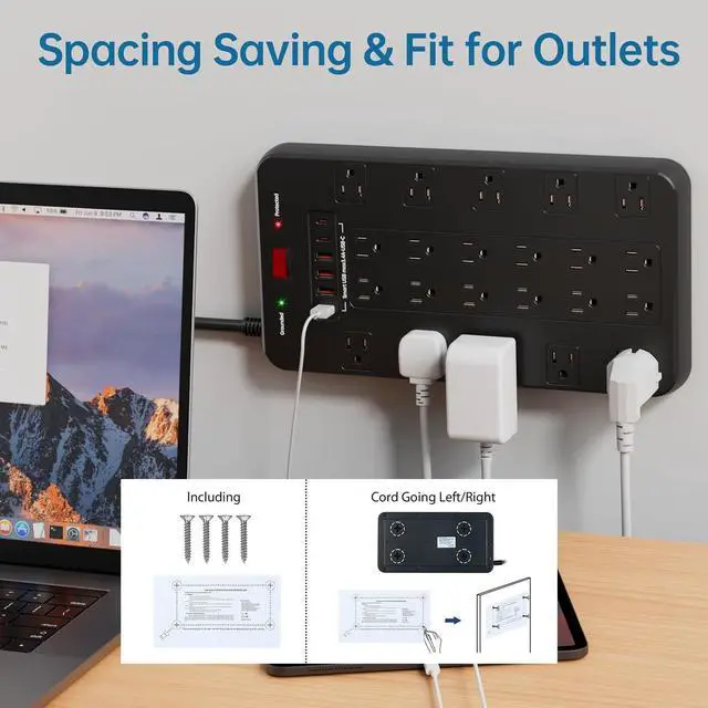 Alt view image 5 of 7 - Surge Protector Power Strip 10 FT Cord with 22 Outlets 6 USB Ports(2 USB C), 1875W/15A, 10 FT Flat Plug 3 Prong Extension Cord with Multiple Outlets for Home Office, Dorm, Gaming, Black