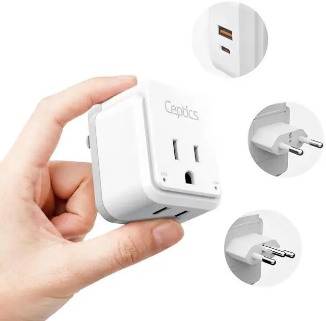 Main image of Brazil Power Plug Adapter Travel Set, 20W PD & QC, Safe Dual USB & USB-C 3.1A - 2 USA Socket - Compact & Powerful - Also Use in Peru, Chile - Includes Type C, Type N Swadapt Attachments