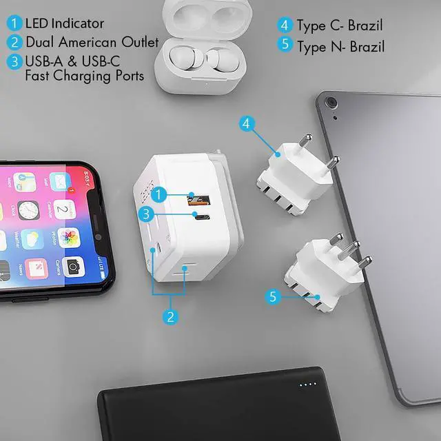 Alt view image 3 of 7 - Brazil Power Plug Adapter Travel Set, 20W PD & QC, Safe Dual USB & USB-C 3.1A - 2 USA Socket - Compact & Powerful - Also Use in Peru, Chile - Includes Type C, Type N Swadapt Attachments