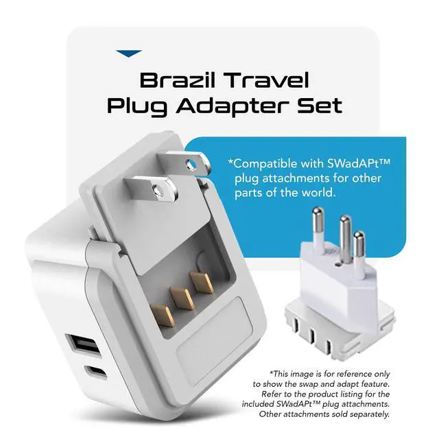 Alt view image 5 of 7 - Brazil Power Plug Adapter Travel Set, 20W PD & QC, Safe Dual USB & USB-C 3.1A - 2 USA Socket - Compact & Powerful - Also Use in Peru, Chile - Includes Type C, Type N Swadapt Attachments