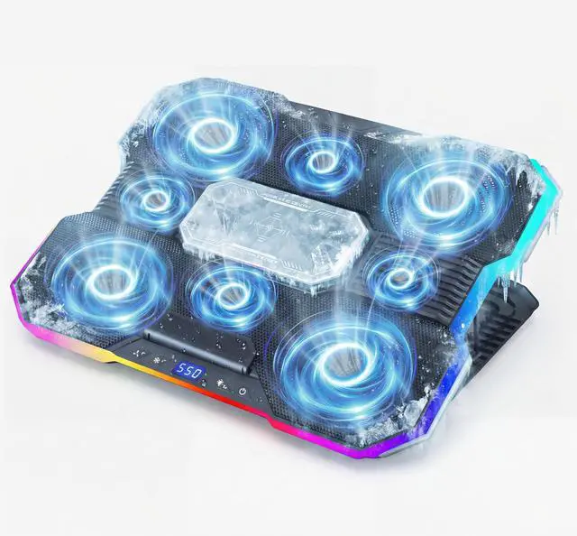 Main image of Laptop Cooling Pad with 8-Fan &Thermoelectric Cooler for 15.6-21In Laptops | 5-Speed Independent Control, 10 RGB Lights, 7-Height Adjustable Metal Panel Laptop Cooler