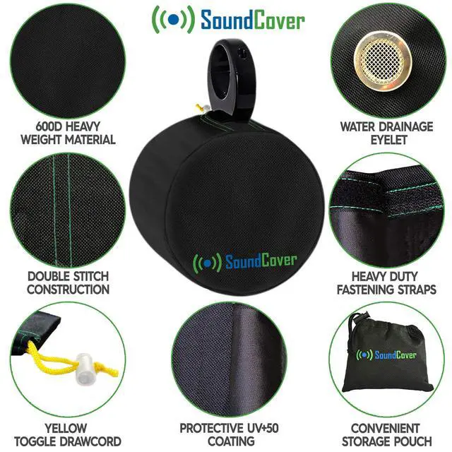 Alt view image 3 of 7 - Black 600D Marine Wake Tower Speaker Covers Large (H 14" × W 14" × D 12.8") Weather-Resistant Covers for Marine & ATV Speakers