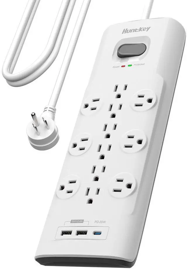 Main image of Surge Protector Power Strip, 3480Joules, 12 Outlets with 2 USB A & USB C Ports, 6 Feet Extension Cord, ETL Listed, White