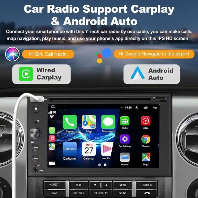 Alt view image 3 of 7 - Double Din Car Stereo with Carplay & Android Auto, 7 Inch Car Radio with CD/DVD Player Support Back up Camera, Bluetooth & Voice Control, Mirror Link, Subwoofer, SWC, Subwoofer, AM/FM