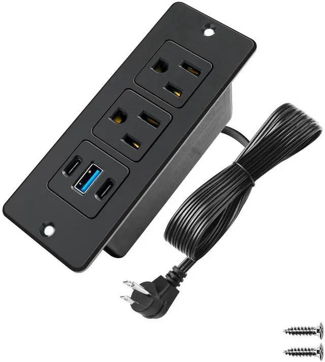 Main image of Furniture Recessed Power Strip with USB C 20W & USB A 18W,2 Outlets 3 USB Ports(2 USB C+1 USB A),Flush Mountable Electrical Outlet for Desk Cabinet Nightstand Counter, 6.56ft Flat Plug Cord (Black)
