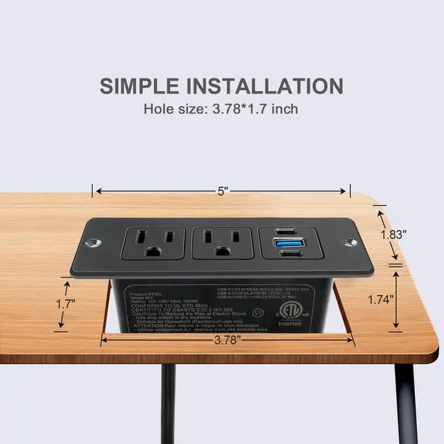 Alt view image 4 of 6 - Furniture Recessed Power Strip with USB C 20W & USB A 18W,2 Outlets 3 USB Ports(2 USB C+1 USB A),Flush Mountable Electrical Outlet for Desk Cabinet Nightstand Counter, 6.56ft Flat Plug Cord (Black)
