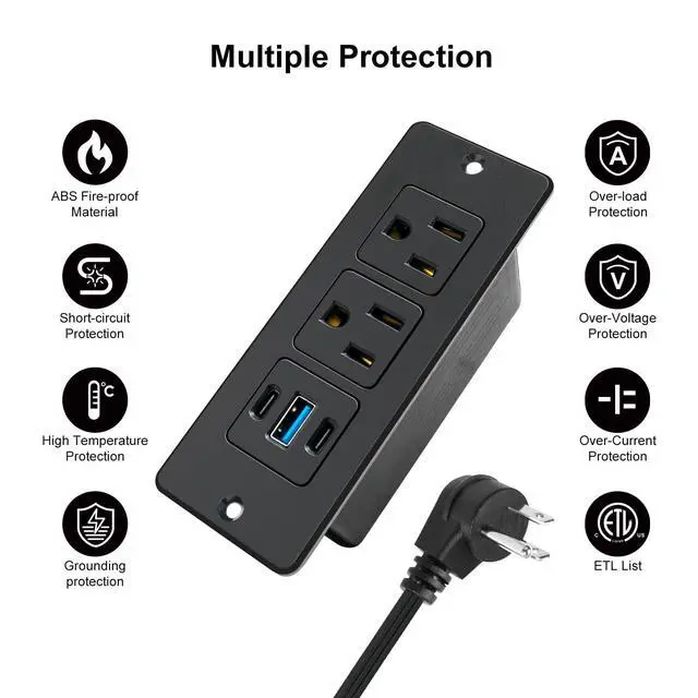 Alt view image 3 of 6 - Furniture Recessed Power Strip with USB C 20W & USB A 18W,2 Outlets 3 USB Ports(2 USB C+1 USB A),Flush Mountable Electrical Outlet for Desk Cabinet Nightstand Counter, 6.56ft Flat Plug Cord (Black)