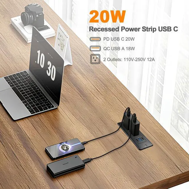Alt view image 6 of 6 - Furniture Recessed Power Strip with USB C 20W & USB A 18W,2 Outlets 3 USB Ports(2 USB C+1 USB A),Flush Mountable Electrical Outlet for Desk Cabinet Nightstand Counter, 6.56ft Flat Plug Cord (Black)