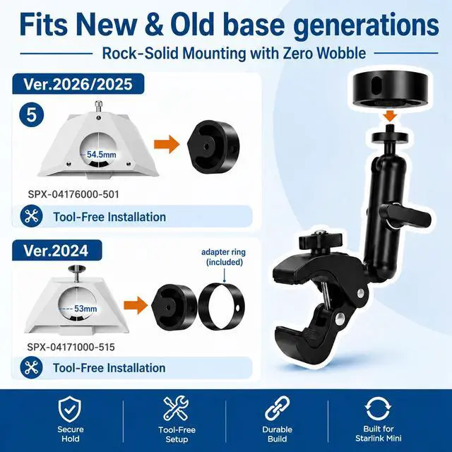 Alt view image 3 of 7 - Starlink Mini Clamp Mount Kit with Adapter, Adjustable Pole and Rail Mount for Starlink Mini, Compatible with 2024/2025/2026 for RV, Camper, Boat, Balcony