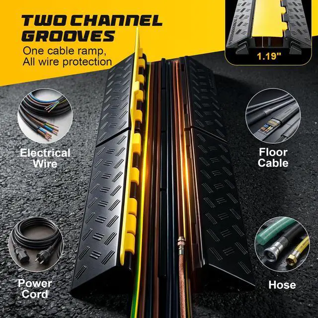 Alt view image 3 of 7 - Rubber Cable Ramp Cord Cover Cable Protector Ramps Wire Hose Protective 2 Channel 22000 LBS Load Capacity Traffic Speed Bump for Asphalt Concrete Gravel Driveway Outdoor Indoor (1 Pack)
