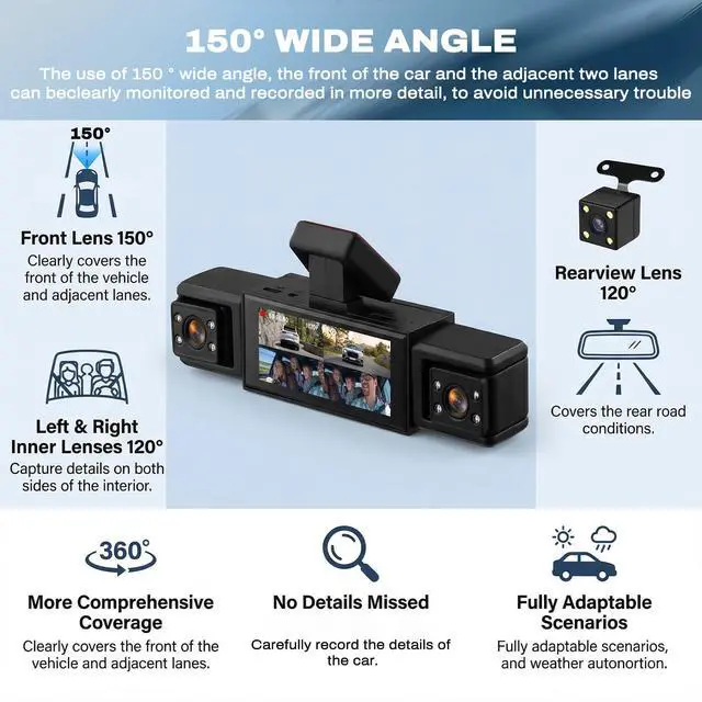 Alt view image 4 of 7 - Dash Cam 4 Channel 360° View 1080P Front Rear Left Right Inside Dash Camera for Cars with Reverse Assistance Loop Recording Exposure Compensation