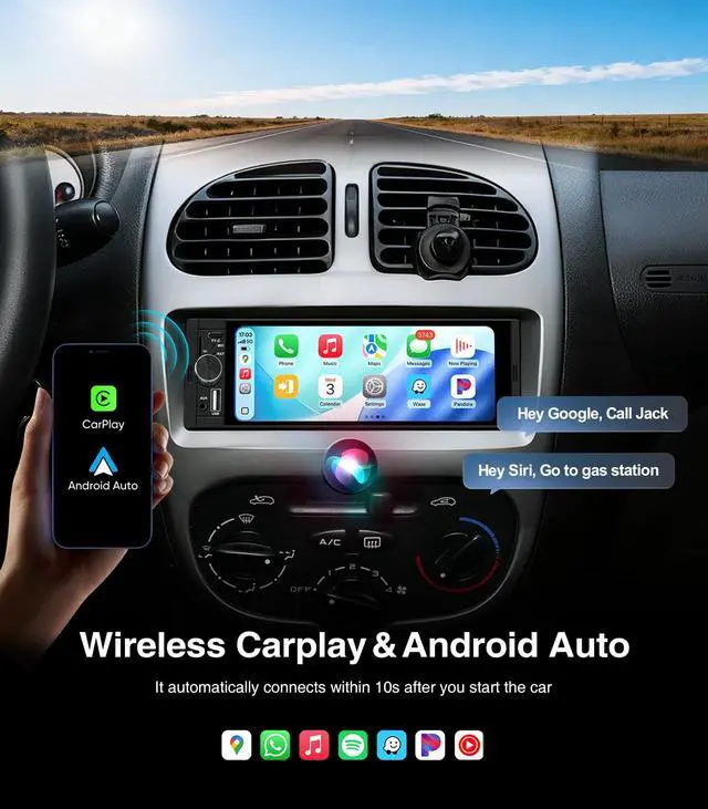 Alt view image 2 of 7 - 6.36 Inch Single Din Touchscreen Car Stereo Carplay Android Auto SWC/FM/Bluetooth
