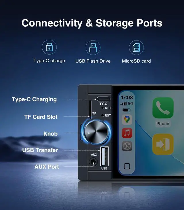 Alt view image 4 of 7 - 6.36 Inch Single Din Touchscreen Car Stereo Carplay Android Auto SWC/FM/Bluetooth