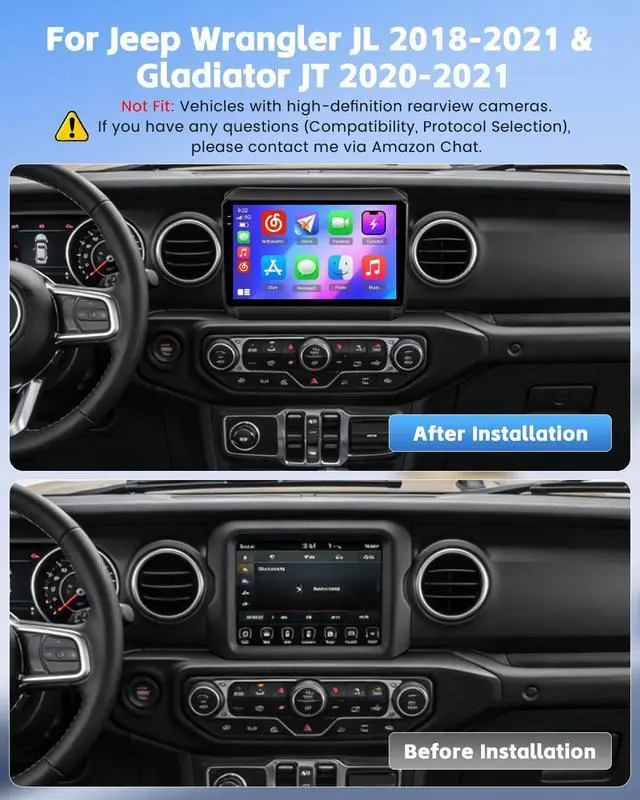 Alt view image 2 of 7 - 4+64G Car Radio for Jeep Wrangler JL 2018-2021/Gladiator JT 2020-2021, 9" Incell Touchscreen Car Stereo Wireless CarPlay Android Auto, 5GHz WiFi, Bluetooth 5.0, EQ, GPS, 1280 * 720, Backup Camera, SWC