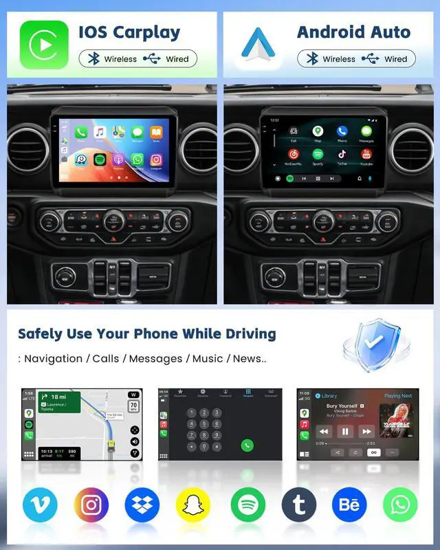 Alt view image 4 of 7 - 4+64G Car Radio for Jeep Wrangler JL 2018-2021/Gladiator JT 2020-2021, 9" Incell Touchscreen Car Stereo Wireless CarPlay Android Auto, 5GHz WiFi, Bluetooth 5.0, EQ, GPS, 1280 * 720, Backup Camera, SWC