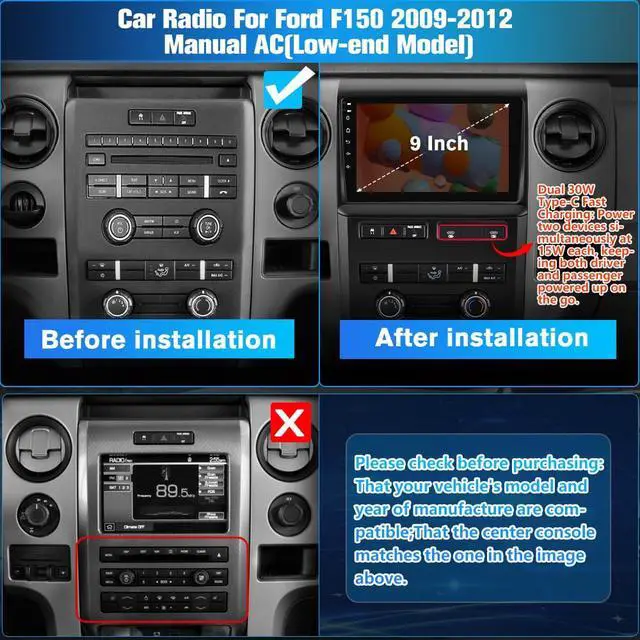Alt view image 2 of 7 - Car Radio for Ford F150 Radio, 2009 2010 2011 2012 for F150 Android Car Stereo with 9 Inch Screen, Carplay, Touch Screen, Backup Camera, DSP, 2G RAM, 64G ROM Manual AC (Low-end Model)