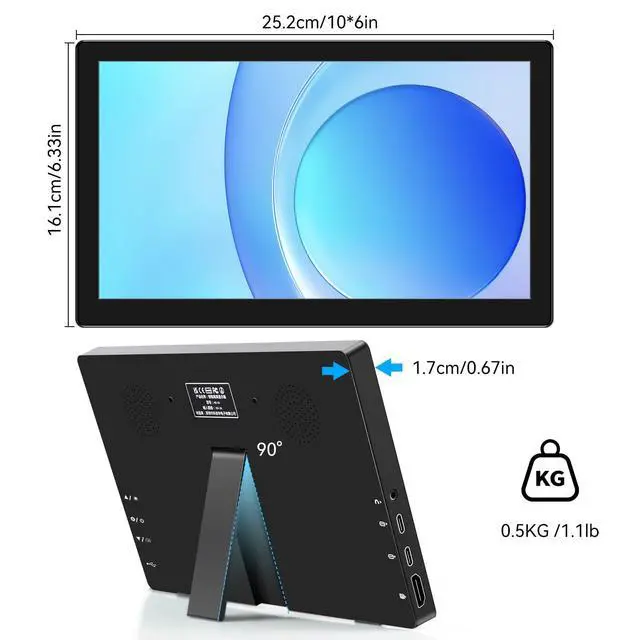 Alt view image 7 of 7 - 10.1inch Touchscreen Portable Monitor, HDR 1366x768P 60hz 400cd/m² 99% sRGB HDMI USB-C Small Monitor for Switch Xbox PS4/5 Laptop Raspberry pi