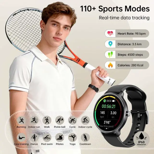 Alt view image 4 of 7 - Smart Watch for Women Men, 1.27" HD AMOLED Stylish Smartwatch (Answer/Call) for iPhone/Android/Samsung, Fitness Tracker with 120+ Sport Modes, Heart Rate/Sleep/Health Monitor, IP68 Waterproof, 2 Bands