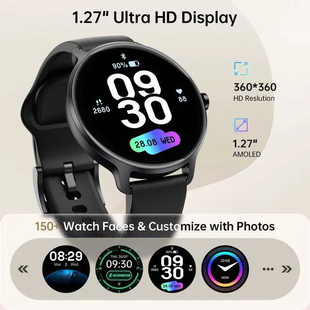 Alt view image 7 of 7 - Smart Watch for Women Men, 1.27" HD AMOLED Stylish Smartwatch (Answer/Call) for iPhone/Android/Samsung, Fitness Tracker with 120+ Sport Modes, Heart Rate/Sleep/Health Monitor, IP68 Waterproof, 2 Bands
