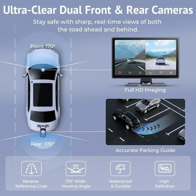 Alt view image 3 of 7 - Carplay Screen for Apple Carplay & Android Auto 9" HD Touchscreen | Wireless Car Play Screen for Car, 4K Dash Cam, 1080p Backup Camera, Navigation, Mirror Link, Bluetooth, FM