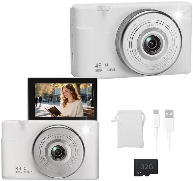 Main image of 2K Digital Camera with 48MP Multi-Filter 16X Zoom Anti Shake, 3" LCD Screen Compact Vlogging Camera with 32G SD-Card, White